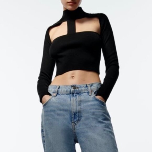 Zara Cutout‎ Knit Mock Neck Long Sleeve Cropped Top in Black Casual Size Large - Picture 7 of 7